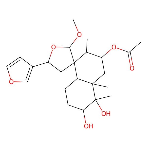 2D Structure of [(2R,2'S,3S,4R,4aS,5'R,7R,8S,8aR)-5'-(furan-3-yl)-7,8-dihydroxy-2'-methoxy-3,8,8a-trimethylspiro[2,3,4a,5,6,7-hexahydro-1H-naphthalene-4,3'-oxolane]-2-yl] acetate