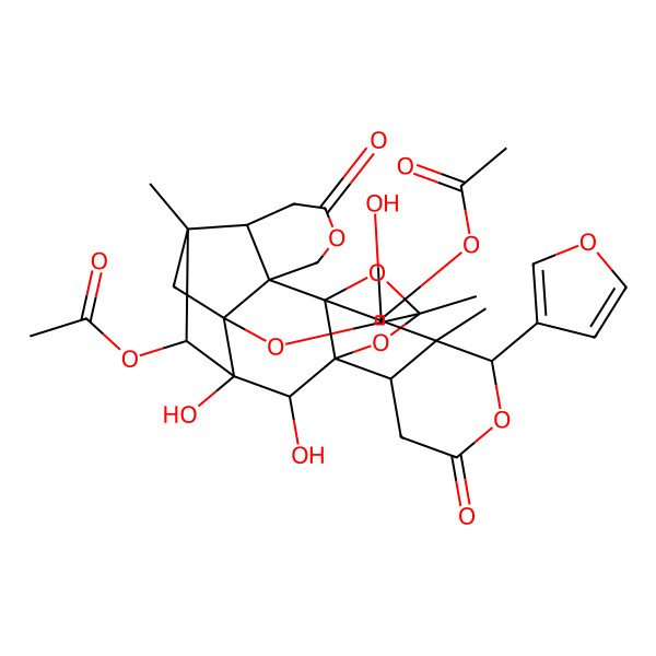 2D Structure of [4-Acetyloxy-20-(furan-3-yl)-2,3,17-trihydroxy-5,14,19-trimethyl-8,22-dioxo-9,13,15,21,25-pentaoxaoctacyclo[12.10.1.15,12.01,16.03,12.06,11.011,16.019,24]hexacosan-18-yl] acetate