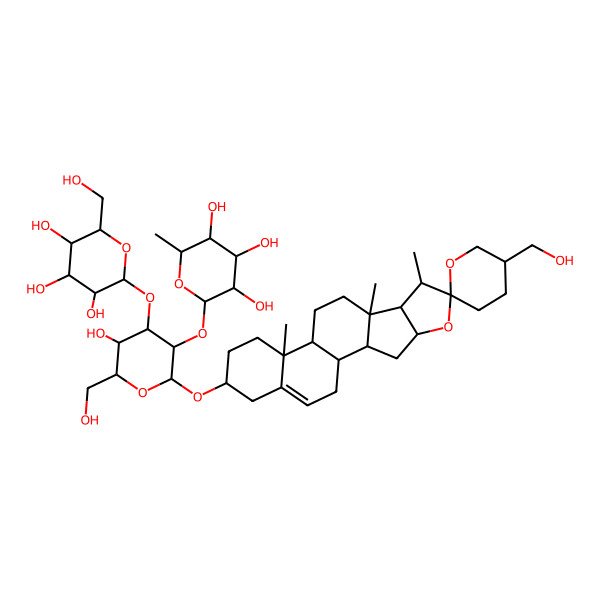 2D Structure of (2S,3R,4R,5R,6S)-2-[(2R,3R,4S,5R,6R)-5-hydroxy-6-(hydroxymethyl)-2-[(1S,2S,4S,5'S,6R,7S,8R,9S,12S,13R,16S)-5'-(hydroxymethyl)-7,9,13-trimethylspiro[5-oxapentacyclo[10.8.0.02,9.04,8.013,18]icos-18-ene-6,2'-oxane]-16-yl]oxy-4-[(2S,3R,4S,5S,6R)-3,4,5-trihydroxy-6-(hydroxymethyl)oxan-2-yl]oxyoxan-3-yl]oxy-6-methyloxane-3,4,5-triol