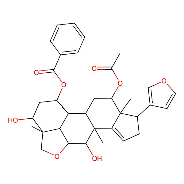 2D Structure of [(1R,2R,4S,5S,6S,10R,11S,12R,15R,16R,18S,19R)-4-acetyloxy-6-(furan-3-yl)-11,16-dihydroxy-1,5,10,15-tetramethyl-13-oxapentacyclo[10.6.1.02,10.05,9.015,19]nonadec-8-en-18-yl] benzoate