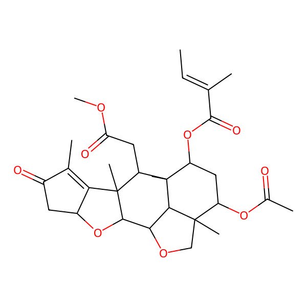 2D Structure of [(1R,2S,4R,9R,10R,11R,12S,14R,15R,18R)-14-acetyloxy-10-(2-methoxy-2-oxoethyl)-7,9,11,15-tetramethyl-6-oxo-3,17-dioxapentacyclo[9.6.1.02,9.04,8.015,18]octadec-7-en-12-yl] (Z)-2-methylbut-2-enoate