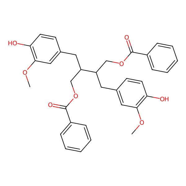 2D Structure of [(2R,3R)-3-(benzoyloxymethyl)-4-(4-hydroxy-3-methoxyphenyl)-2-[(4-hydroxy-3-methoxyphenyl)methyl]butyl] benzoate
