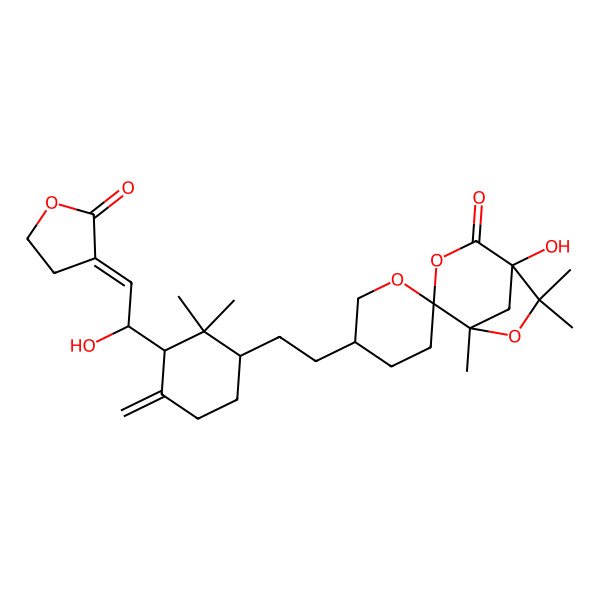 2D Structure of 1-Hydroxy-5'-[2-[3-[1-hydroxy-2-(2-oxooxolan-3-ylidene)ethyl]-2,2-dimethyl-4-methylidenecyclohexyl]ethyl]-5,7,7-trimethylspiro[3,6-dioxabicyclo[3.2.1]octane-4,2'-oxane]-2-one