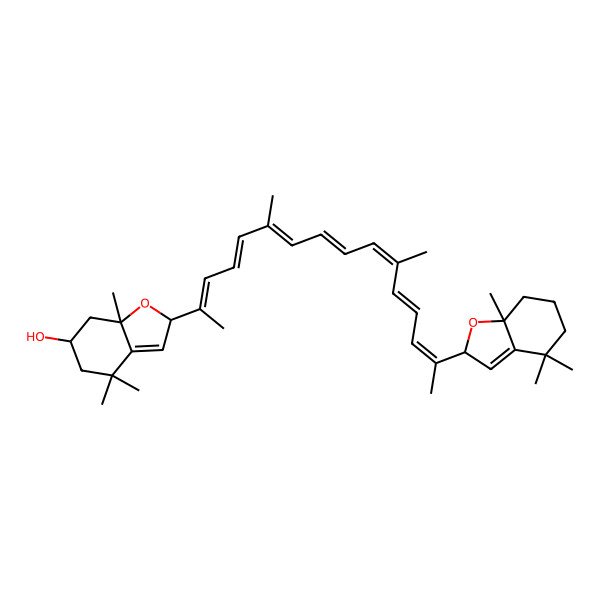 2D Structure of (2S,6R,7aS)-2-[(2E,4E,6E,8E,10E,12E,14E)-15-[(2S,7aR)-4,4,7a-trimethyl-2,5,6,7-tetrahydro-1-benzofuran-2-yl]-6,11-dimethylhexadeca-2,4,6,8,10,12,14-heptaen-2-yl]-4,4,7a-trimethyl-2,5,6,7-tetrahydro-1-benzofuran-6-ol
