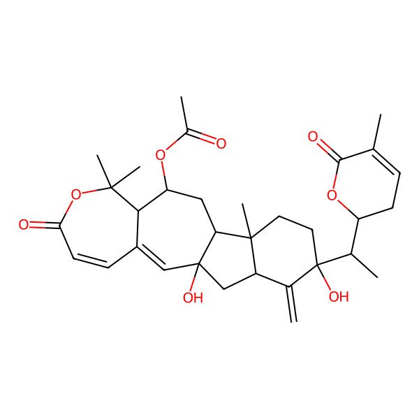 2D Structure of [1,16-Dihydroxy-8,8,13-trimethyl-17-methylidene-16-[1-(5-methyl-6-oxo-2,3-dihydropyran-2-yl)ethyl]-6-oxo-7-oxatetracyclo[10.7.0.03,9.013,18]nonadeca-2,4-dien-10-yl] acetate