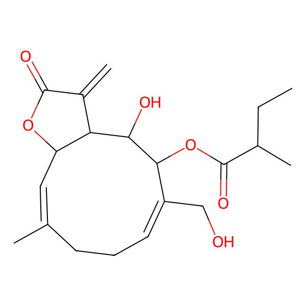 2D Structure of [4-Hydroxy-6-(hydroxymethyl)-10-methyl-3-methylidene-2-oxo-3a,4,5,8,9,11a-hexahydrocyclodeca[b]furan-5-yl] 2-methylbutanoate