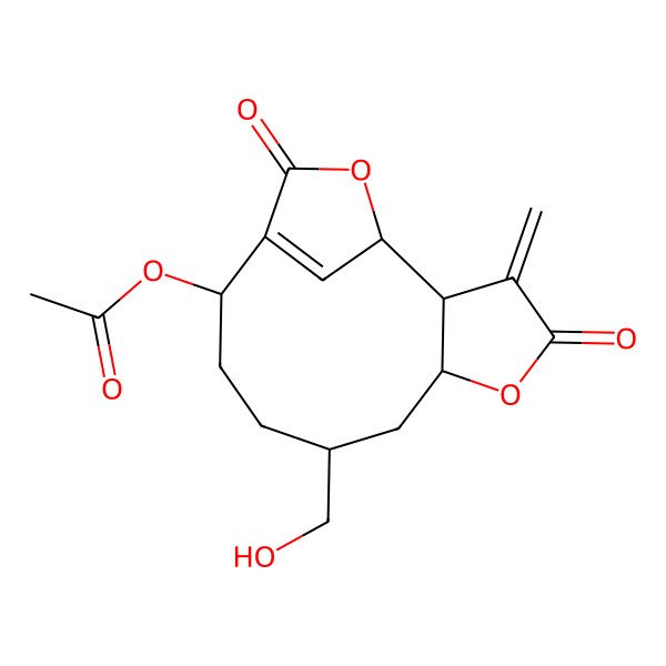 2D Structure of [(1R,2S,6R,8R,11S)-8-(hydroxymethyl)-3-methylidene-4,13-dioxo-5,14-dioxatricyclo[10.2.1.02,6]pentadec-12(15)-en-11-yl] acetate