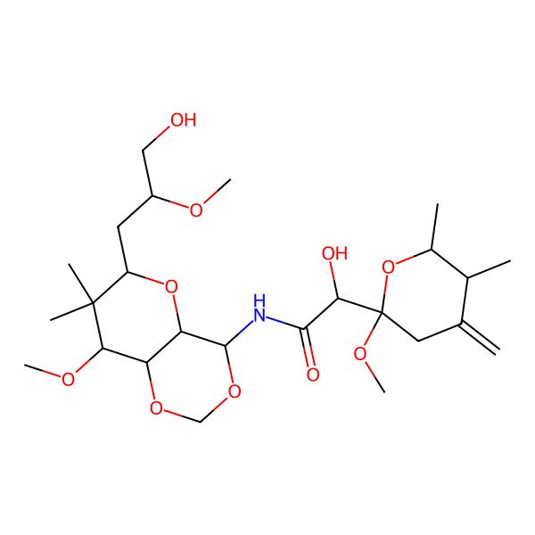2D Structure of N-[(6R,8aR)-6-[(2S)-3-hydroxy-2-methoxypropyl]-8-methoxy-7,7-dimethyl-4a,6,8,8a-tetrahydro-4H-pyrano[3,2-d][1,3]dioxin-4-yl]-2-hydroxy-2-[(5R,6R)-2-methoxy-5,6-dimethyl-4-methylideneoxan-2-yl]acetamide