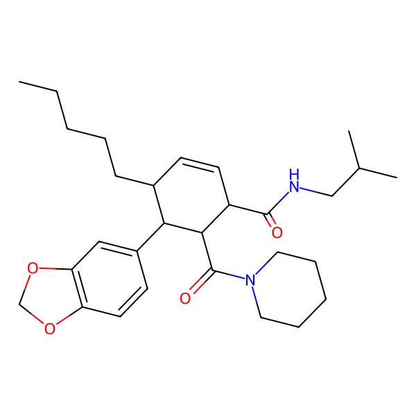 2D Structure of 5-(1,3-benzodioxol-5-yl)-N-(2-methylpropyl)-4-pentyl-6-(piperidine-1-carbonyl)cyclohex-2-ene-1-carboxamide