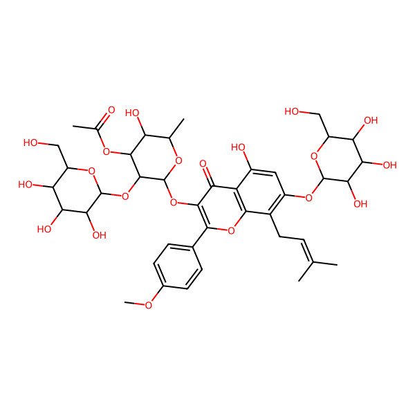 2D Structure of [5-Hydroxy-2-[5-hydroxy-2-(4-methoxyphenyl)-8-(3-methylbut-2-enyl)-4-oxo-7-[3,4,5-trihydroxy-6-(hydroxymethyl)oxan-2-yl]oxychromen-3-yl]oxy-6-methyl-3-[3,4,5-trihydroxy-6-(hydroxymethyl)oxan-2-yl]oxyoxan-4-yl] acetate
