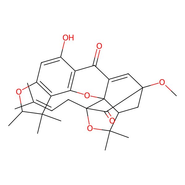 2D Structure of 11-Hydroxy-16-methoxy-6,6,7,20,20-pentamethyl-18-(3-methylbut-2-enyl)-3,8,19-trioxahexacyclo[14.4.1.02,14.02,18.04,12.05,9]henicosa-4(12),5(9),10,14-tetraene-13,17-dione
