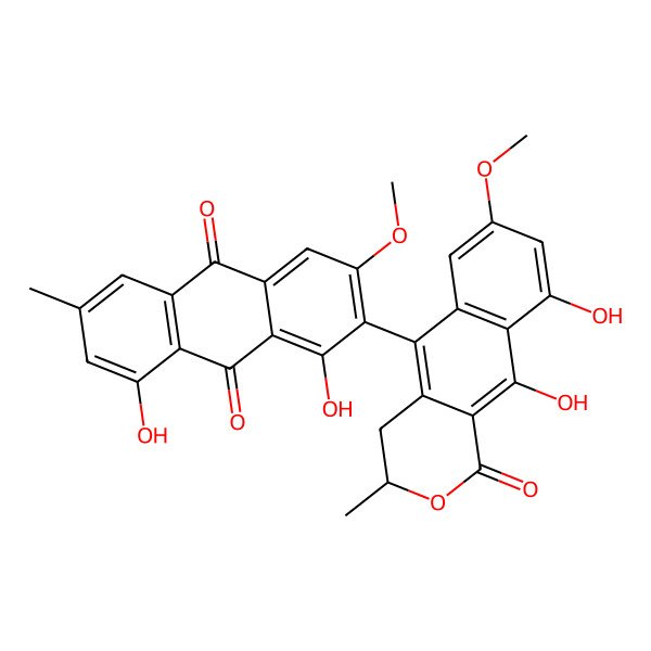 2D Structure of 2-(9,10-Dihydroxy-7-methoxy-3-methyl-1-oxo-3,4-dihydrobenzo[g]isochromen-5-yl)-1,8-dihydroxy-3-methoxy-6-methylanthracene-9,10-dione