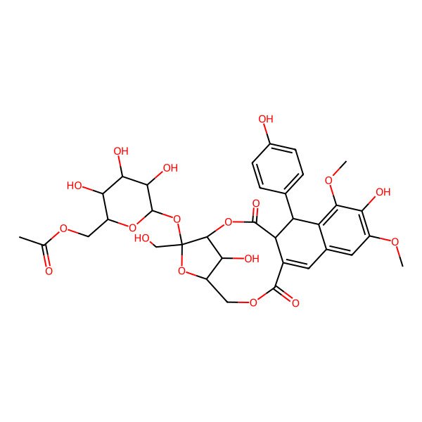 2D Structure of [(2R,3S,4S,5R,6R)-6-[[(1S,4R,5S,17R,19S,20R)-8,20-dihydroxy-19-(hydroxymethyl)-5-(4-hydroxyphenyl)-7,9-dimethoxy-3,14-dioxo-2,15,18-trioxatetracyclo[15.2.1.04,13.06,11]icosa-6,8,10,12-tetraen-19-yl]oxy]-3,4,5-trihydroxyoxan-2-yl]methyl acetate