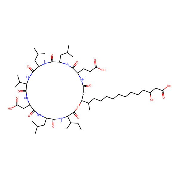 2D Structure of 13-[3-Butan-2-yl-21-(2-carboxyethyl)-9-(carboxymethyl)-6,15,18-tris(2-methylpropyl)-2,5,8,11,14,17,20,23-octaoxo-12-propan-2-yl-1-oxa-4,7,10,13,16,19,22-heptazacyclopentacos-25-yl]-3-hydroxytetradecanoic acid