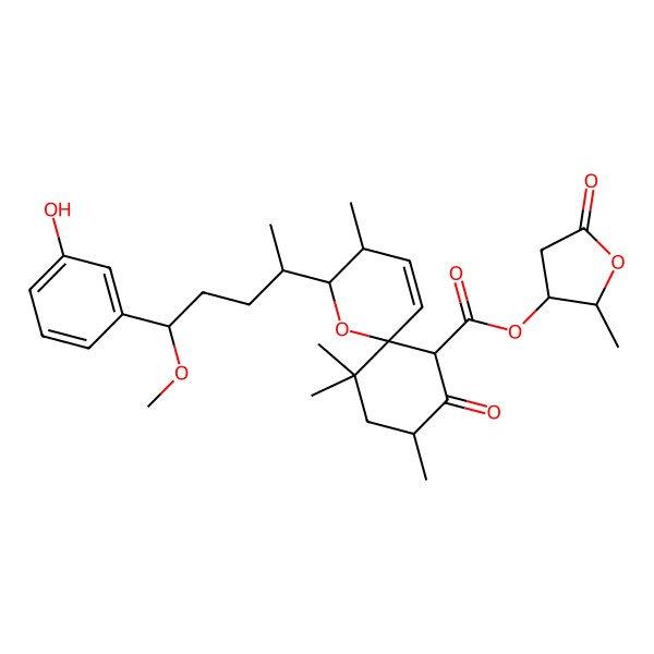 2D Structure of (2-Methyl-5-oxo-oxolan-3-yl) (2R,3S,6S,9R,11S)-2-((2S,5S)-5-(3-hydroxyphenyl)-5-methoxy-pentan-2-yl)-3,7,7,9-tetramethyl-10-oxo-1-oxaspiro(5.5)undec-4-ene-11-carboxylate