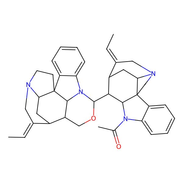 2D Structure of 1-[(1R,9R,10R,11R,12E,17S)-12-ethylidene-10-[(1R,9S,12S,13R,14E,19S,21S)-14-ethylidene-10-oxa-8,16-diazahexacyclo[11.5.2.11,8.02,7.016,19.012,21]henicosa-2,4,6-trien-9-yl]-8,14-diazapentacyclo[9.5.2.01,9.02,7.014,17]octadeca-2,4,6-trien-8-yl]ethanone