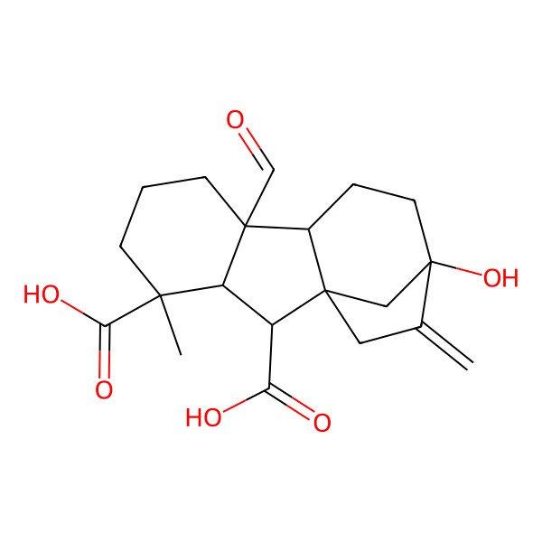 2D Structure of (2S,8R,12S)-8-formyl-12-hydroxy-4-methyl-13-methylidenetetracyclo[10.2.1.01,9.03,8]pentadecane-2,4-dicarboxylic acid