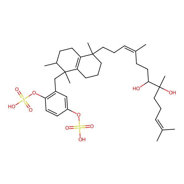 2D Structure of [2-[[(1R,2S)-5-[(3E,7S,8R)-7,8-dihydroxy-4,8,12-trimethyltrideca-3,11-dienyl]-1,2,5-trimethyl-2,3,4,6,7,8-hexahydronaphthalen-1-yl]methyl]-4-sulfooxyphenyl] hydrogen sulfate