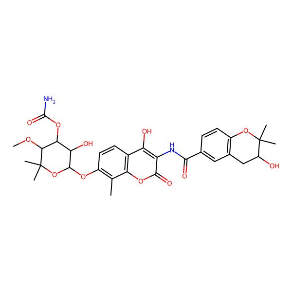 2D Structure of [5-Hydroxy-6-[4-hydroxy-3-[(3-hydroxy-2,2-dimethyl-3,4-dihydrochromene-6-carbonyl)amino]-8-methyl-2-oxochromen-7-yl]oxy-3-methoxy-2,2-dimethyloxan-4-yl] carbamate
