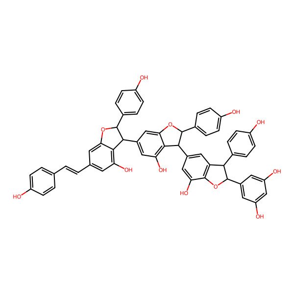 2D Structure of 5-[(2S,3S)-7-hydroxy-5-[(2S,3S)-4-hydroxy-6-[(2S,3S)-4-hydroxy-2-(4-hydroxyphenyl)-6-[(E)-2-(4-hydroxyphenyl)ethenyl]-2,3-dihydro-1-benzofuran-3-yl]-2-(4-hydroxyphenyl)-2,3-dihydro-1-benzofuran-3-yl]-3-(4-hydroxyphenyl)-2,3-dihydro-1-benzofuran-2-yl]benzene-1,3-diol