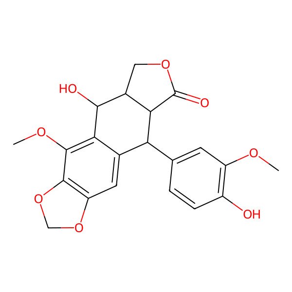 2D Structure of (5R,5aR,8aR,9R)-5-hydroxy-9-(4-hydroxy-3-methoxyphenyl)-4-methoxy-5a,6,8a,9-tetrahydro-5H-[2]benzofuro[6,5-f][1,3]benzodioxol-8-one