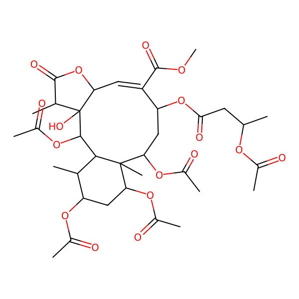 2D Structure of methyl (1S,2R,3S,4R,7S,8E,10R,12S,13R,14R,16S,17R)-2,12,14,16-tetraacetyloxy-10-[(3S)-3-acetyloxybutanoyl]oxy-3-hydroxy-4,13,17-trimethyl-5-oxo-6-oxatricyclo[11.4.0.03,7]heptadec-8-ene-9-carboxylate