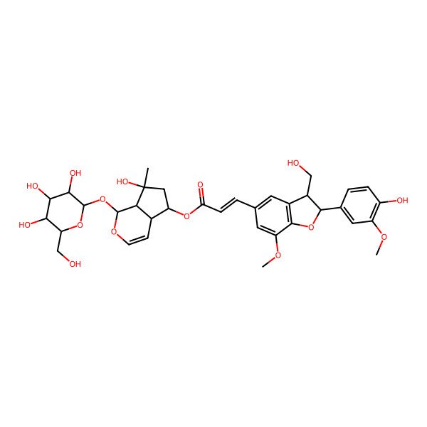 2D Structure of [7-hydroxy-7-methyl-1-[3,4,5-trihydroxy-6-(hydroxymethyl)oxan-2-yl]oxy-4a,5,6,7a-tetrahydro-1H-cyclopenta[c]pyran-5-yl] 3-[2-(4-hydroxy-3-methoxyphenyl)-3-(hydroxymethyl)-7-methoxy-2,3-dihydro-1-benzofuran-5-yl]prop-2-enoate