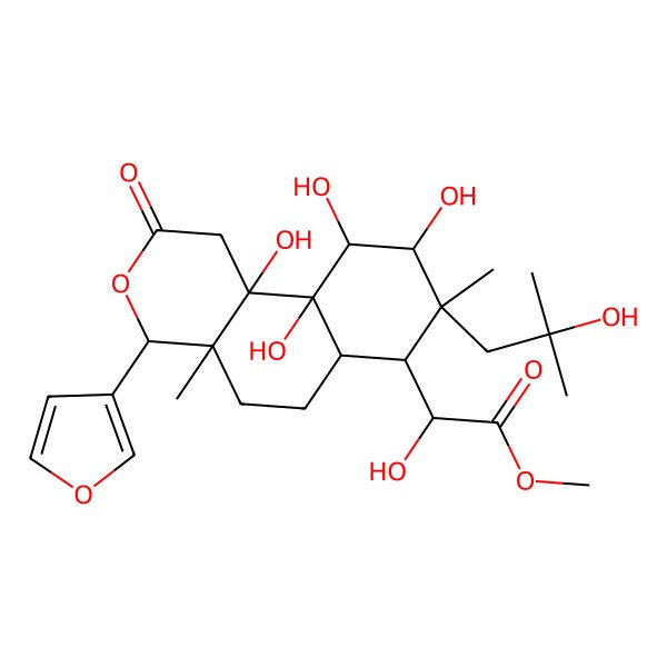 2D Structure of methyl (2R)-2-[(4S,4aS,6aS,7R,8R,9R,10S,10aS,10bR)-4-(furan-3-yl)-9,10,10a,10b-tetrahydroxy-8-(2-hydroxy-2-methylpropyl)-4a,8-dimethyl-2-oxo-1,4,5,6,6a,7,9,10-octahydrobenzo[f]isochromen-7-yl]-2-hydroxyacetate