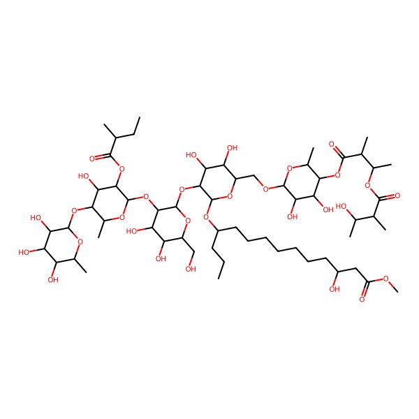 2D Structure of methyl (3S,11S)-11-[(2R,3R,4S,5S,6R)-6-[[(2R,3R,4S,5R,6S)-3,4-dihydroxy-5-[(2R,3R)-3-[(2R,3R)-3-hydroxy-2-methylbutanoyl]oxy-2-methylbutanoyl]oxy-6-methyloxan-2-yl]oxymethyl]-3-[(2S,3R,4S,5S,6R)-4,5-dihydroxy-6-(hydroxymethyl)-3-[(2S,3R,4R,5R,6S)-4-hydroxy-6-methyl-3-[(2S)-2-methylbutanoyl]oxy-5-[(2S,3R,4S,5S,6R)-3,4,5-trihydroxy-6-methyloxan-2-yl]oxyoxan-2-yl]oxyoxan-2-yl]oxy-4,5-dihydroxyoxan-2-yl]oxy-3-hydroxytetradecanoate