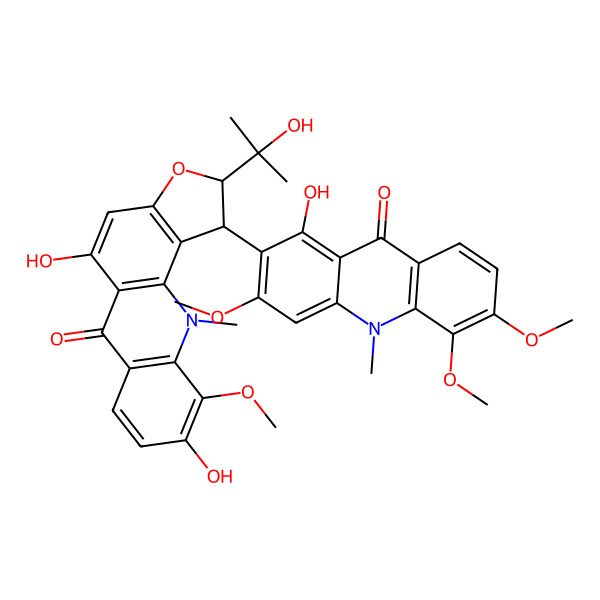 2D Structure of rel-(1R,2S)-1-(9,10-Dihydro-1-hydroxy-3,5,6-trimethoxy-10-methyl-9-oxo-2-acridinyl)-1,11-dihydro-5,9-dihydroxy-2-(1-hydroxy-1-methylethyl)-10-methoxy-11-methylfuro[2,3-c]acridin-6(2H)-one