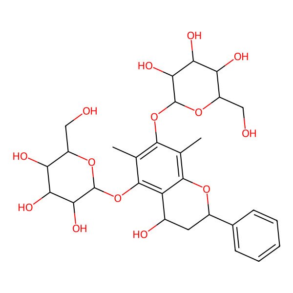 2D Structure of 2-[[4-hydroxy-6,8-dimethyl-2-phenyl-5-[3,4,5-trihydroxy-6-(hydroxymethyl)oxan-2-yl]oxy-3,4-dihydro-2H-chromen-7-yl]oxy]-6-(hydroxymethyl)oxane-3,4,5-triol