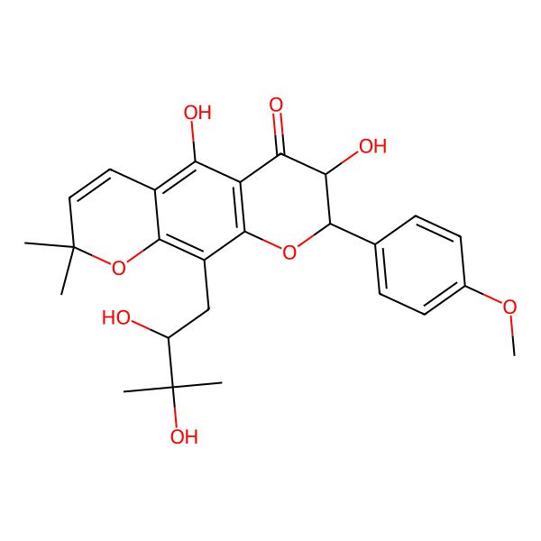 2D Structure of (7S,8R)-10-[(2S)-2,3-dihydroxy-3-methylbutyl]-5,7-dihydroxy-8-(4-methoxyphenyl)-2,2-dimethyl-7,8-dihydropyrano[3,2-g]chromen-6-one