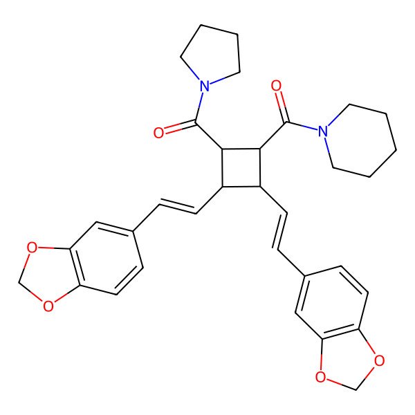 2D Structure of [(1S,2R,3R,4S)-2,3-bis[(E)-2-(1,3-benzodioxol-5-yl)ethenyl]-4-(pyrrolidine-1-carbonyl)cyclobutyl]-piperidin-1-ylmethanone