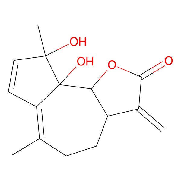 2D Structure of 9,9a-Dihydroxy-6,9-dimethyl-3-methylidene-3a,4,5,9b-tetrahydroazuleno[4,5-b]furan-2-one