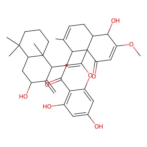 2D Structure of 5,7-dihydroxy-2-[8-hydroxy-4-[(3-hydroxy-5,5,8a-trimethyl-2-methylidene-3,4,4a,6,7,8-hexahydro-1H-naphthalen-1-yl)methyl]-7-methoxy-3-methyl-5-oxo-1,4,8,8a-tetrahydronaphthalen-4a-yl]chromen-4-one