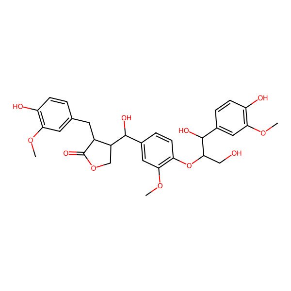 2D Structure of 2(3H)-Furanone, dihydro-4-[(S)-hydroxy[4-[(1R,2R)-2-hydroxy-2-(4-hydroxy-3-methoxyphenyl)-1-(hydroxymethyl)ethoxy]-3-methoxyphenyl]methyl]-3-[(4-hydroxy-3-methoxyphenyl)methyl]-