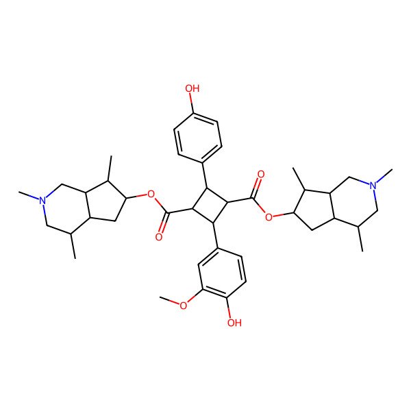 2D Structure of trans-bis[(4R,4aS,6R,7S,7aR)-2,4,7-trimethyl-1,3,4,4a,5,6,7,7a-octahydrocyclopenta[c]pyridin-6-yl] (1R,3R)-2-(4-hydroxy-3-methoxyphenyl)-4-(4-hydroxyphenyl)cyclobutane-1,3-dicarboxylate
