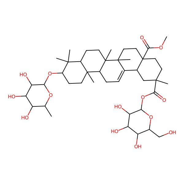 2D Structure of 4a-O-methyl 2-O-[3,4,5-trihydroxy-6-(hydroxymethyl)oxan-2-yl] 2,6a,6b,9,9,12a-hexamethyl-10-(3,4,5-trihydroxy-6-methyloxan-2-yl)oxy-1,3,4,5,6,6a,7,8,8a,10,11,12,13,14b-tetradecahydropicene-2,4a-dicarboxylate