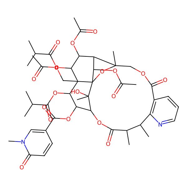 2D Structure of [22,24-Diacetyloxy-20-(acetyloxymethyl)-25-hydroxy-3,13,14,25-tetramethyl-19,21-bis(2-methylpropanoyloxy)-6,15-dioxo-2,5,16-trioxa-11-azapentacyclo[15.7.1.01,20.03,23.07,12]pentacosa-7(12),8,10-trien-18-yl] 1-methyl-6-oxopyridine-3-carboxylate