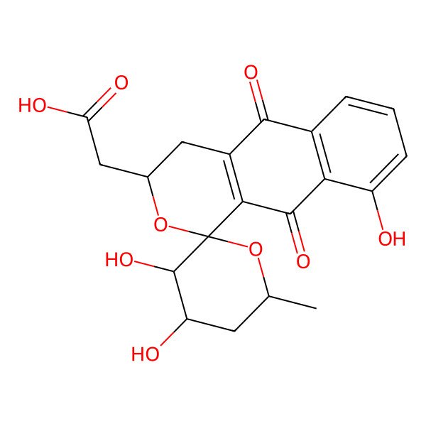 2D Structure of 2-(3',4',9-Trihydroxy-6'-methyl-5,10-dioxospiro[3,4-dihydrobenzo[g]isochromene-1,2'-oxane]-3-yl)acetic acid