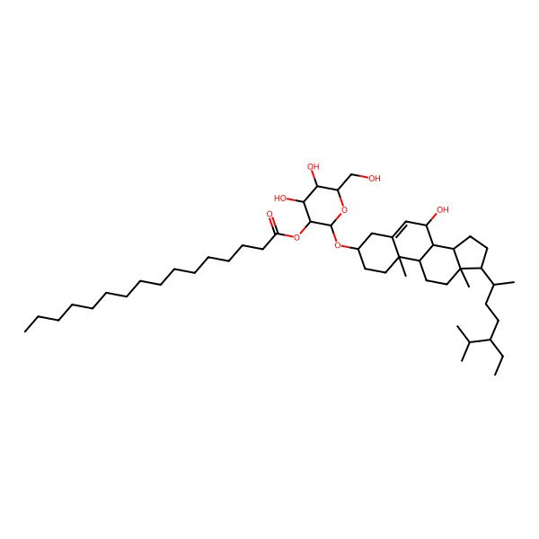 2D Structure of [2-[[17-(5-ethyl-6-methylheptan-2-yl)-7-hydroxy-10,13-dimethyl-2,3,4,7,8,9,11,12,14,15,16,17-dodecahydro-1H-cyclopenta[a]phenanthren-3-yl]oxy]-4,5-dihydroxy-6-(hydroxymethyl)oxan-3-yl] hexadecanoate