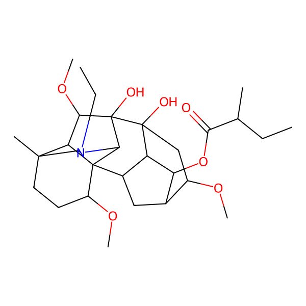 2D Structure of [(1S,2R,3R,4S,5R,6S,8R,9S,10S,13R,16S,17R,18S)-11-ethyl-8,9-dihydroxy-6,16,18-trimethoxy-13-methyl-11-azahexacyclo[7.7.2.12,5.01,10.03,8.013,17]nonadecan-4-yl] (2R)-2-methylbutanoate