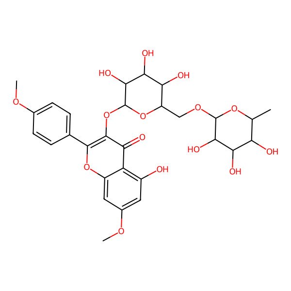 2D Structure of 5-Hydroxy-7-methoxy-2-(4-methoxyphenyl)-3-[3,4,5-trihydroxy-6-[(3,4,5-trihydroxy-6-methyloxan-2-yl)oxymethyl]oxan-2-yl]oxychromen-4-one