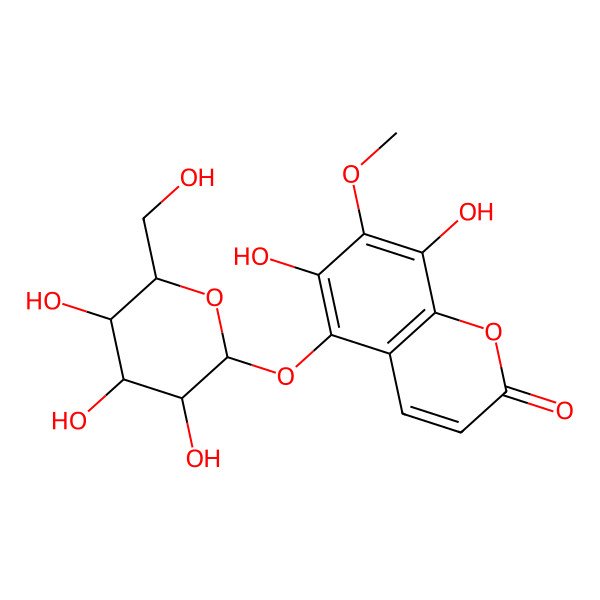 2D Structure of 6,8-dihydroxy-7-methoxy-5-[(2S,3R,4S,5S,6R)-3,4,5-trihydroxy-6-(hydroxymethyl)oxan-2-yl]oxychromen-2-one