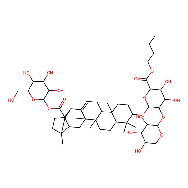 2D Structure of butyl (2S,3S,4S,5R,6R)-6-[[(1R,2S,4S,5S,8R,10S,14R,15R,18S,20R)-1,2,8,15,19,19-hexamethyl-5-[(2S,3R,4S,5S,6R)-3,4,5-trihydroxy-6-(hydroxymethyl)oxan-2-yl]oxycarbonyl-18-hexacyclo[12.8.0.02,11.04,8.05,10.015,20]docos-11-enyl]oxy]-3,4-dihydroxy-5-[(2S,3R,4S,5R)-3,4,5-trihydroxyoxan-2-yl]oxyoxane-2-carboxylate