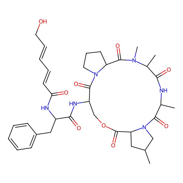 2D Structure of (2E,4E)-6-hydroxy-N-[(2S)-1-oxo-3-phenyl-1-[[(3S,7S,9R,13S,16S,19S)-9,13,16,17-tetramethyl-2,6,12,15,18-pentaoxo-5-oxa-1,11,14,17-tetrazatricyclo[17.3.0.07,11]docosan-3-yl]amino]propan-2-yl]hexa-2,4-dienamide