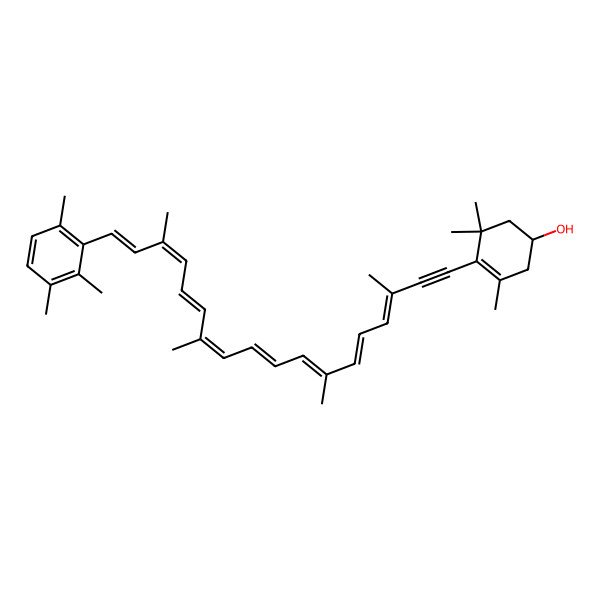2D Structure of (1S)-3,5,5-trimethyl-4-[(3E,5E,7E,9E,11E,13E,15E,17E)-3,7,12,16-tetramethyl-18-(2,3,6-trimethylphenyl)octadeca-3,5,7,9,11,13,15,17-octaen-1-ynyl]cyclohex-3-en-1-ol
