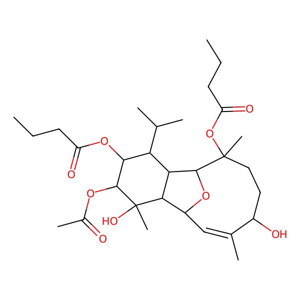 2D Structure of (5-Acetyloxy-14-butanoyloxy-6,11-dihydroxy-6,10,14-trimethyl-3-propan-2-yl-15-oxatricyclo[6.6.1.02,7]pentadec-9-en-4-yl) butanoate