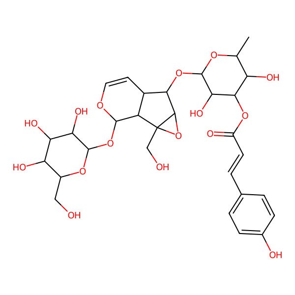 2D Structure of [3,5-Dihydroxy-2-[[2-(hydroxymethyl)-10-[3,4,5-trihydroxy-6-(hydroxymethyl)oxan-2-yl]oxy-3,9-dioxatricyclo[4.4.0.02,4]dec-7-en-5-yl]oxy]-6-methyloxan-4-yl] 3-(4-hydroxyphenyl)prop-2-enoate