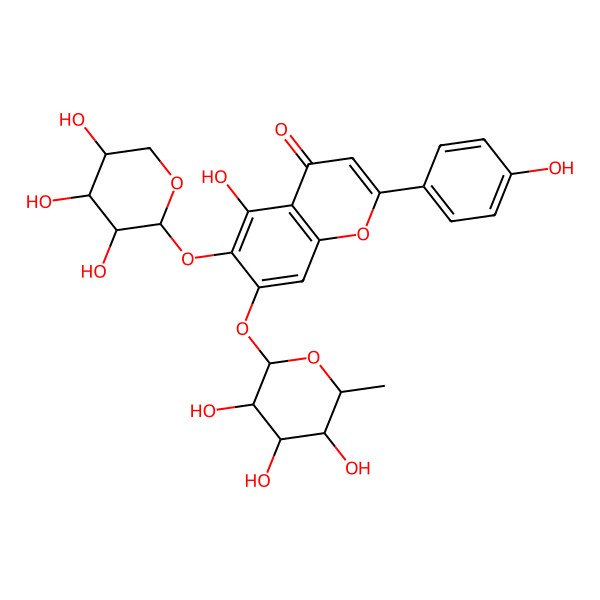 2D Structure of 5-hydroxy-2-(4-hydroxyphenyl)-7-[(2S,3R,4R,5R,6S)-3,4,5-trihydroxy-6-methyloxan-2-yl]oxy-6-[(2S,3R,4S,5R)-3,4,5-trihydroxyoxan-2-yl]oxychromen-4-one